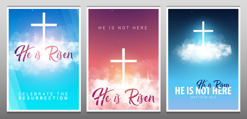 He is risen. Christian easter scene. Saviour's cross on dramatic sunrise scene.