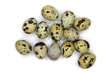Fototapeta premium Several quail eggs isolated on white, with shadows