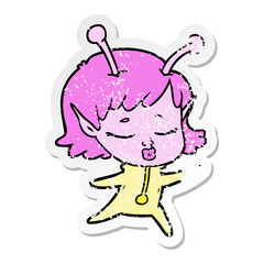 distressed sticker of a cartoon alien girl