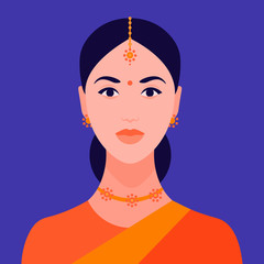 Portrait of an Indian woman in a sari. Girl's face. Girl head.  Vector flat illustration