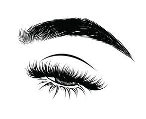 Abstract fashion illustration of the eye with creative makeup. Hand drawn vector idea for business visit cards, templates, web, salon banners,brochures. Natural eyebrows and glam eyelashes