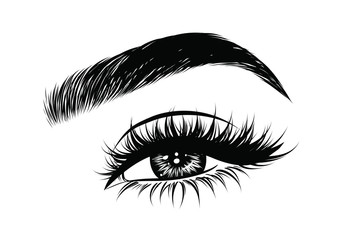 Abstract fashion illustration of the eye with creative makeup. Hand drawn vector idea for business visit cards, templates, web, salon banners,brochures. Natural eyebrows and glam eyelashes