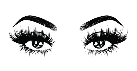 Abstract fashion illustration of the eye with creative makeup. Hand drawn vector idea for business visit cards, templates, web, salon banners,brochures. Natural eyebrows and glam eyelashes