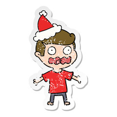distressed sticker cartoon of a man totally stressed out wearing santa hat