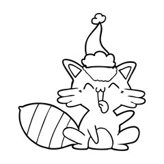 cute line drawing of a raccoon wearing santa hat