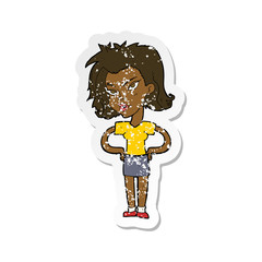 retro distressed sticker of a cartoon woman with hands on hips