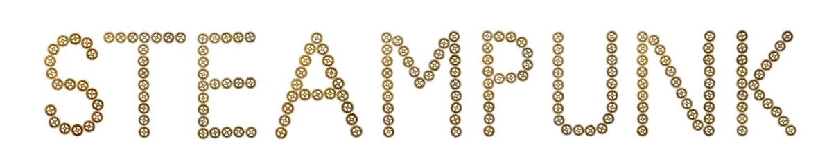 Word steampunk is made up of metal gears. Isolated on white background