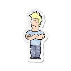 retro distressed sticker of a cartoon sulking man