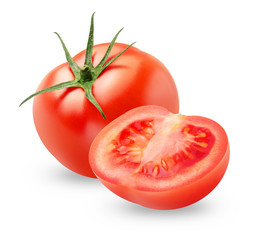 isolated tomato. One and a half fresh tomatoes isolated on white background, with clipping path