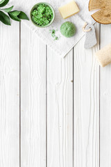 herbal cosmetic set for homemade spa on white background top view space for text