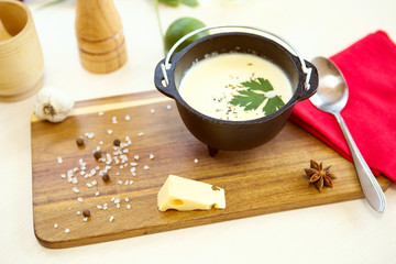 Homemade vegetable cheese soup with croutons. Healthy diet vegetarian fresh organic cream soup meal food