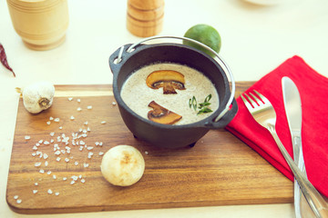 Bowl of delicious homemade cream of mushroom soup.