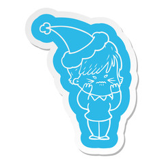 cartoon  sticker of a frustrated woman wearing santa hat