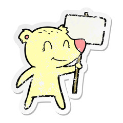 distressed sticker of a cartoon bear holding sign