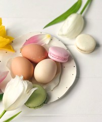 Pastel macarons and colorful tulips 