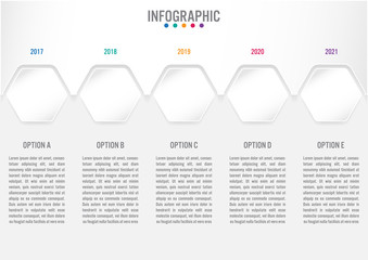 Business infographic template with 5 options hexagonal shape