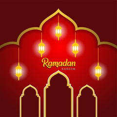 Ramadan kareem background, illustration with arabic lanterns and mosque dome, on red background. EPS 10 contains transparency - vector