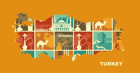 Traditional symbols of Turkey and Istanbul. Vector illustration in the form of a map of Turkey