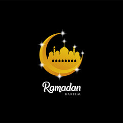Ramadan kareem background, illustration with mosque dome and golden ornate crescent, on black background. EPS 10 contains transparency - vector