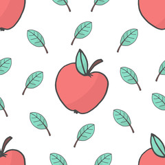 Seamless background with red apples and leaves. Vector illustration.