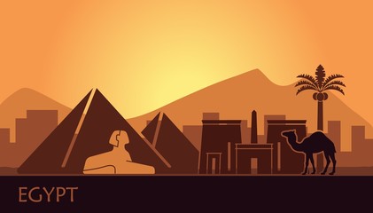 Stylized landscape of Egypt at sunset. Vector illustration