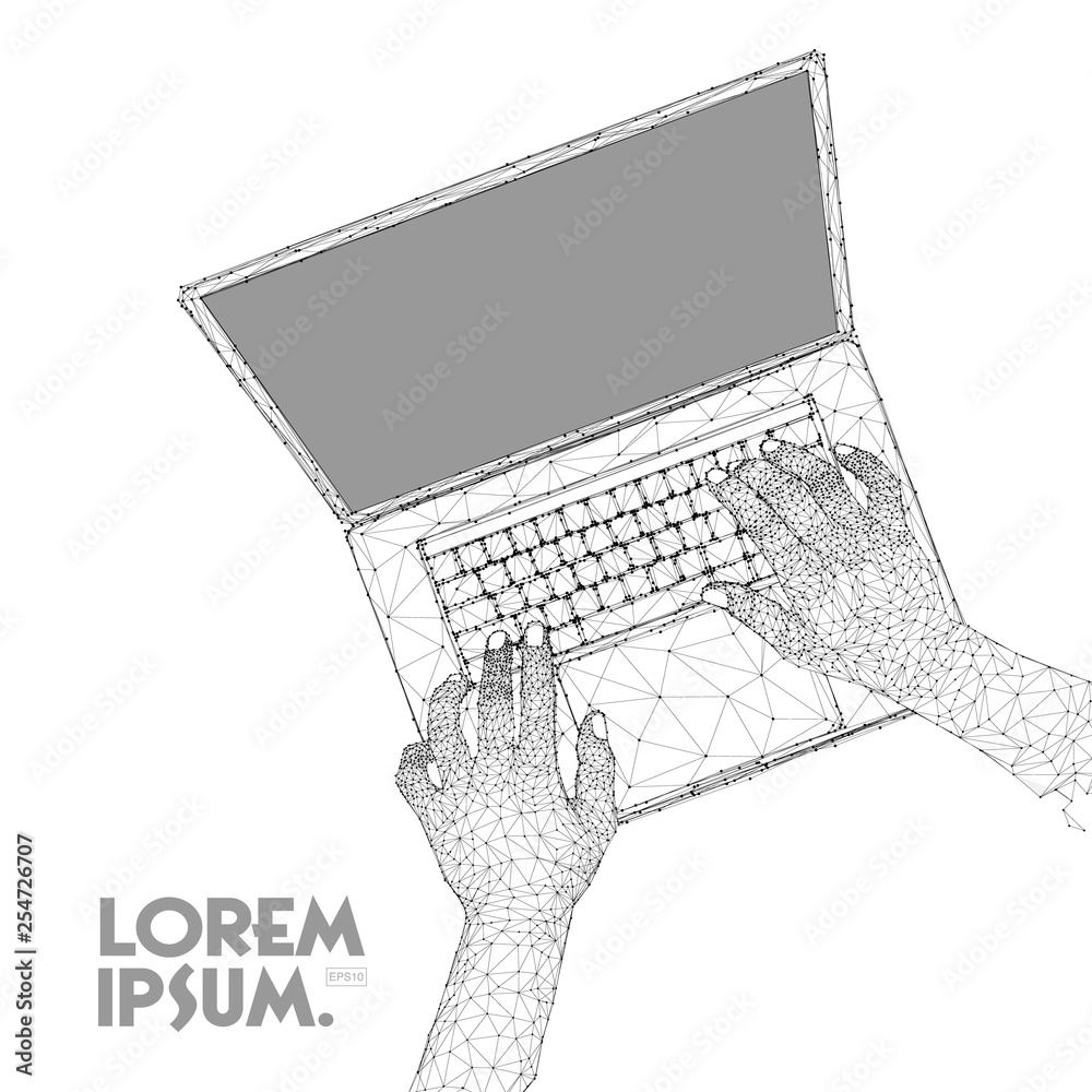 Poster hands typing laptop composed of polygons. low poly vector illustration of a white metal style with c