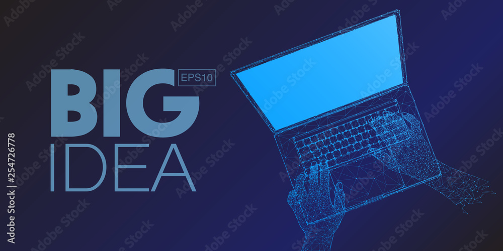 Poster hands typing laptop composed of polygons. low poly vector illustration of a white metal style with c
