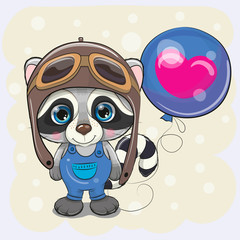 Cute Cartoon Raccoon boy with Balloon