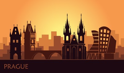 Stylized landscape of Prague with the main sights at sunset