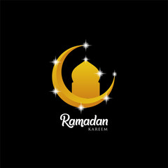 Ramadan kareem background, illustration with mosque dome and golden ornate crescent, on black background. EPS 10 contains transparency - vector
