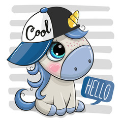 Cartoon Unicorn with a blue cap on striped background