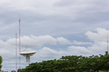 High technology satellite dish or radio telescopes station and radio antenna pole on cloudy sky day