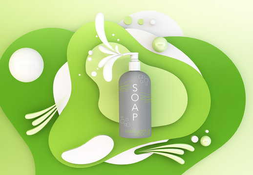 Liquid Bottle Mockup with Abstract 3D Shapes
