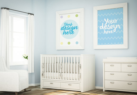 2 Posters in Blue Baby Room Mockup
