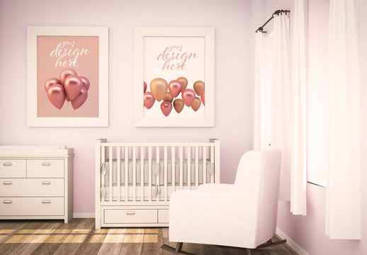 2 Posters in Pink Baby Room Mockup