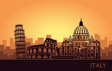 Abstract Italian cityscape with silhouettes of sights at sunset