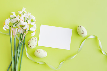 Mockup white greeting card and easter eggs with white daffodils on a green background