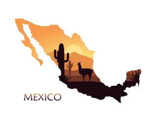 Stylized landscape of Mexico with a llama and cactuses in the form of a map of Mexico