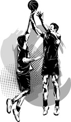 Fototapeta na wymiar Black and white image of two basketball players.