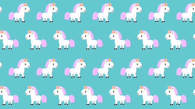 Pattern with cute cartoon white unicorns with pink mane goes on blue background. Looped 4K motion graphic.