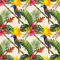 Watercolor tropical wildlife seamless pattern. Hand Drawn jungle nature, hibiscus flowers illustration