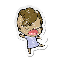 distressed sticker of a cartoon cool hipster girl talking