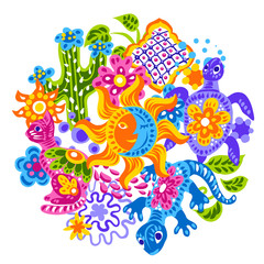 Mexican background with cute naive art items.