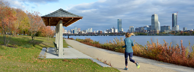 Boston Skyline and Charles River Bank in the Fall, Panoramic View