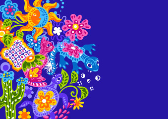 Mexican background with cute naive art items.