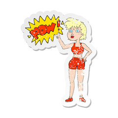 retro distressed sticker of a happy gym woman giving thumbs up symbol