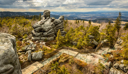 Rocks in the Szczeliniec Wielki Landscape Park, a natural landscape with a nature trail.