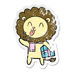 distressed sticker of a happy cartoon lion