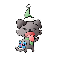 gradient cartoon of a disgusted dog with christmas gift wearing santa hat