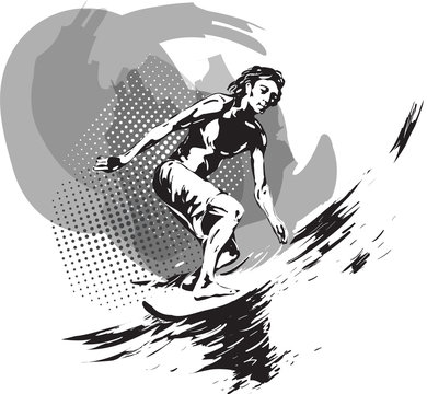 Black and white image of a young male athlete, surfer
